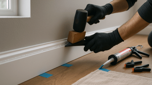 collage de plinthes en bas d'un mur